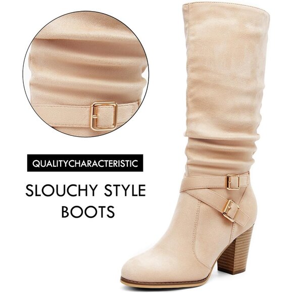 Women Nude Mid Knee High Boots Chunky Heel Slouchy Metal Buckle Winter Shoes - Picture 2 of 5
